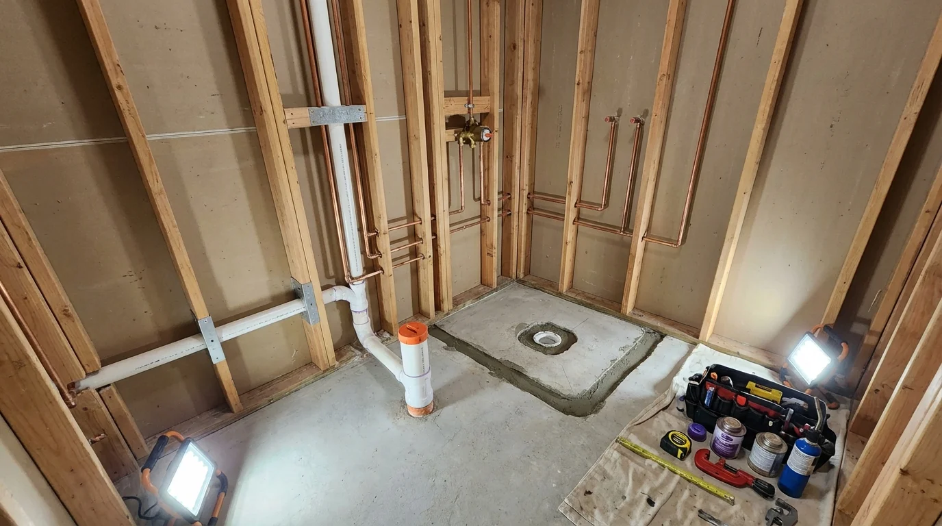 Bathroom rough-in plumbing during remodel by Johns Plumbing LLC in Beaumont