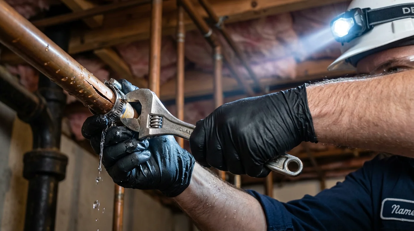 Emergency pipe clamp repair being performed by a Johns Plumbing LLC plumber in Beaumont