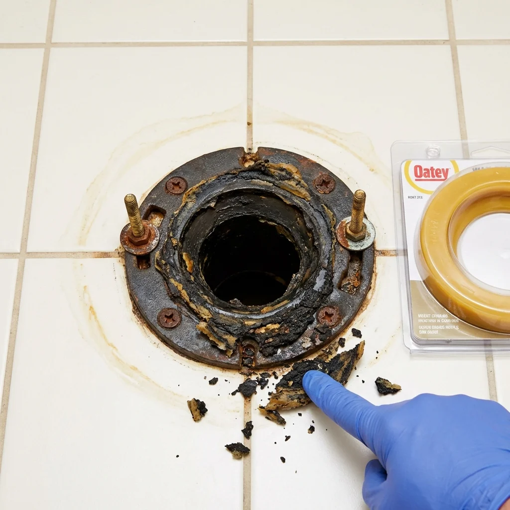 Failed wax ring showing water seepage at the base of a toilet in a Beaumont, CA home